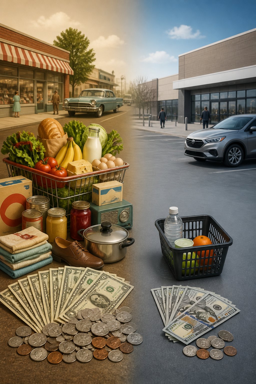 A split-era comparison shows abundant 1960s goods beside fewer modern goods to illustrate changing purchasing power.