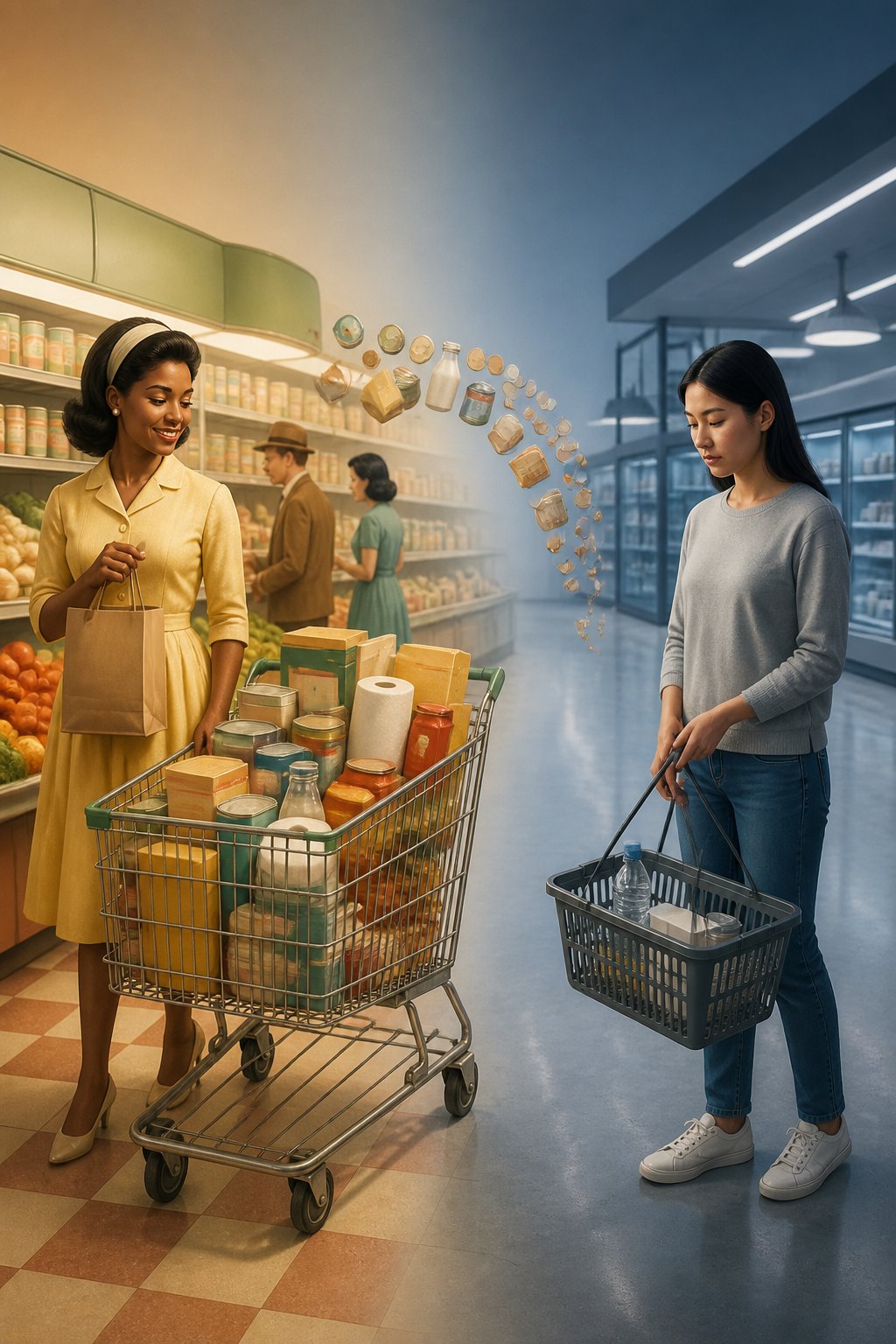 A split-era shopping scene compares a larger selection of goods in the 1960s with a smaller selection of modern essentials.