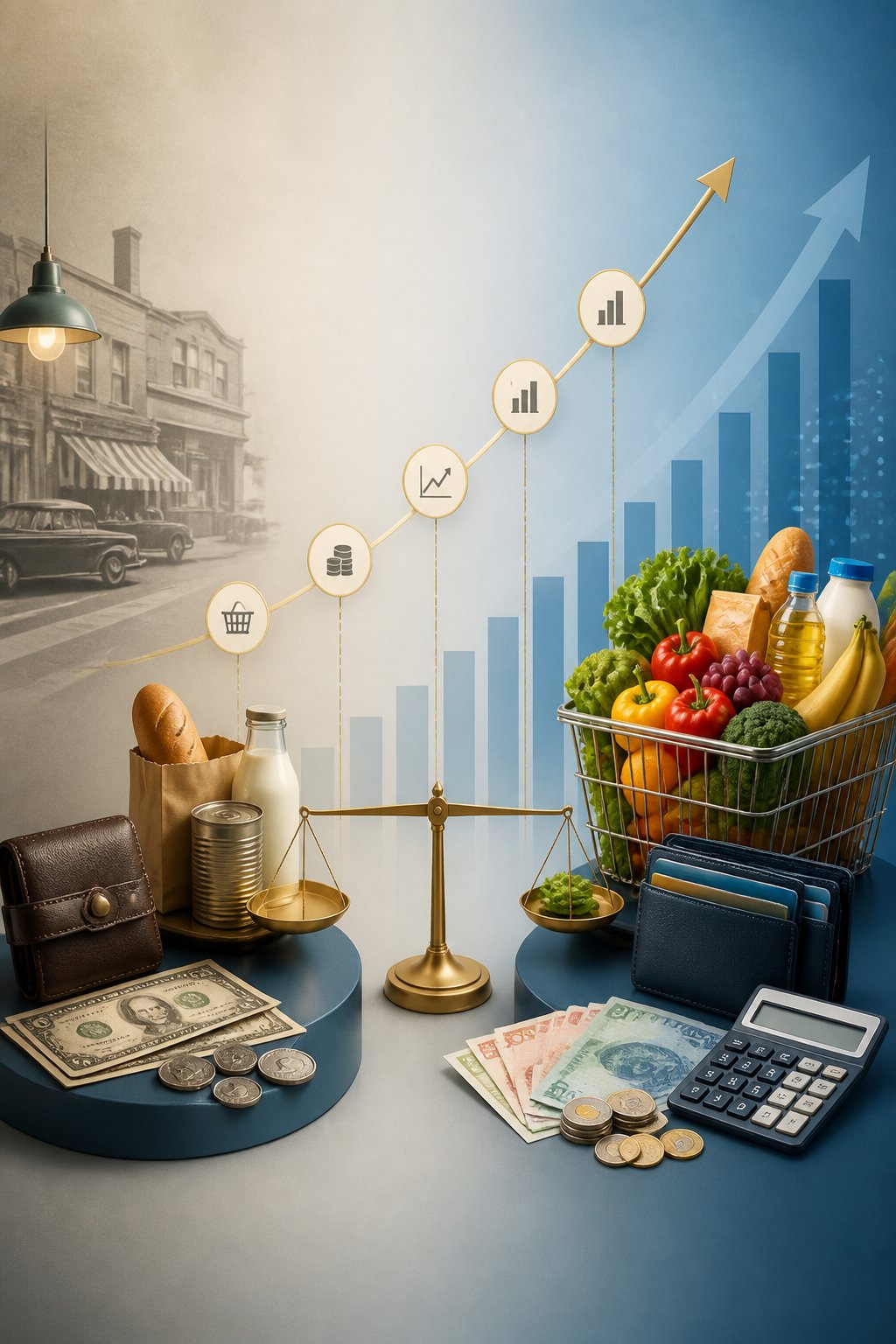 A visual timeline compares the purchasing power of money in 1960 with its equivalent today using vintage and modern wallets, goods, and a rising price graph.