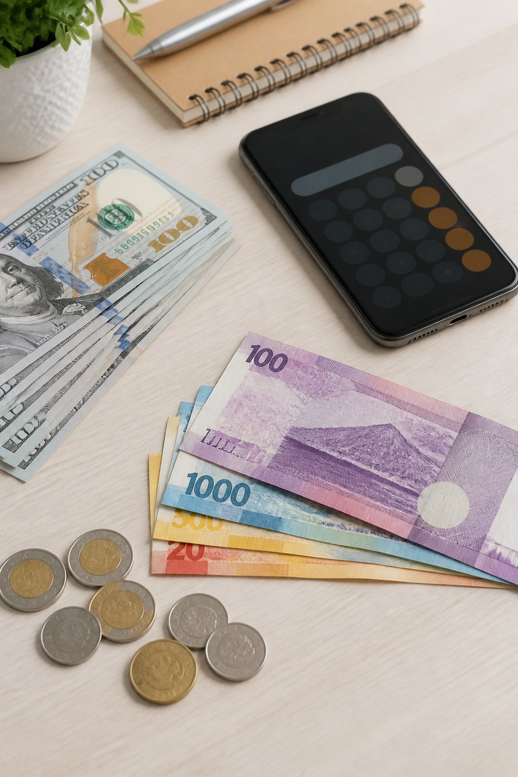U.S. dollar bills arranged beside Philippine peso banknotes and coins on a desk.