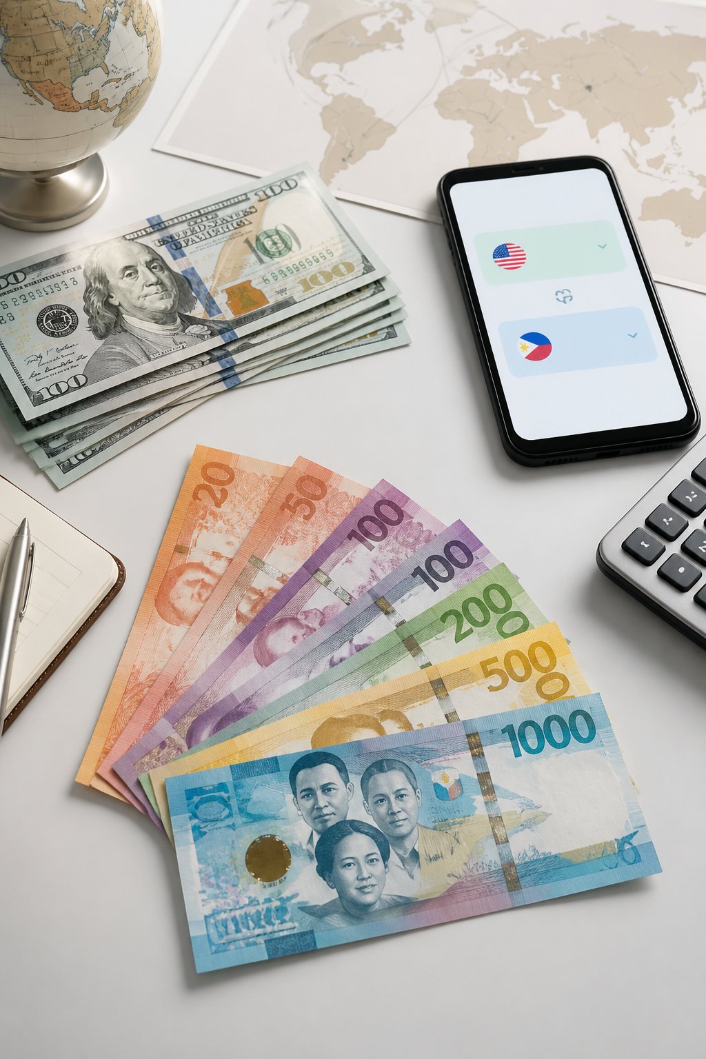US dollar bills and Philippine peso banknotes arranged beside a calculator and smartphone on a desk.
