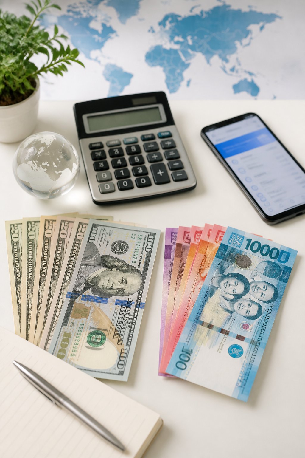 US dollar bills and Philippine peso banknotes arranged beside a calculator and smartphone on a desk.