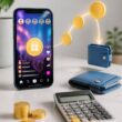 A smartphone with virtual coin icons beside a calculator, coins, and a wallet on a clean desk.
