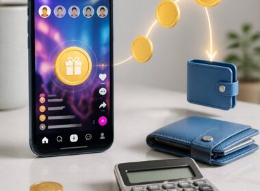 A smartphone with virtual coin icons beside a calculator, coins, and a wallet on a clean desk.