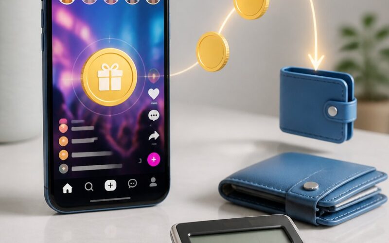 A smartphone with virtual coin icons beside a calculator, coins, and a wallet on a clean desk.