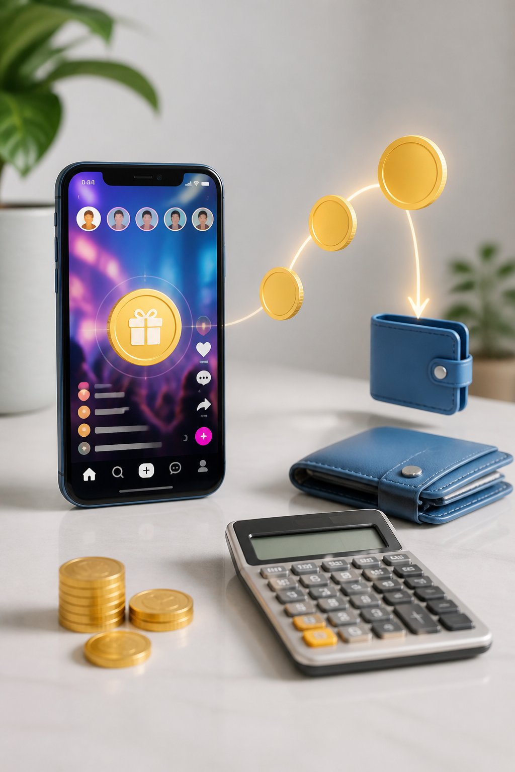 A smartphone with virtual coin icons beside a calculator, coins, and a wallet on a clean desk.