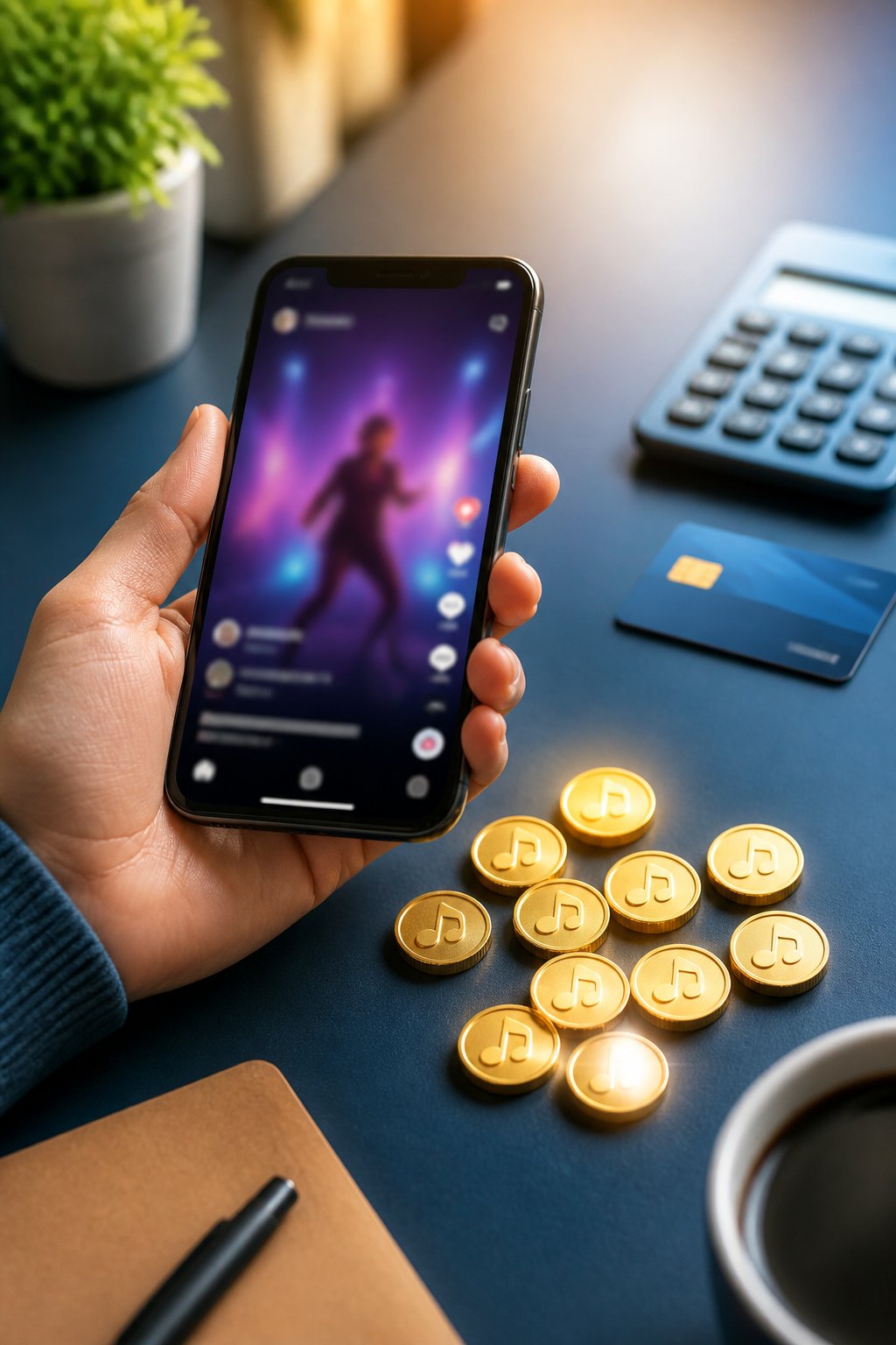 A smartphone beside a small group of gold digital coins and a calculator on a desk.