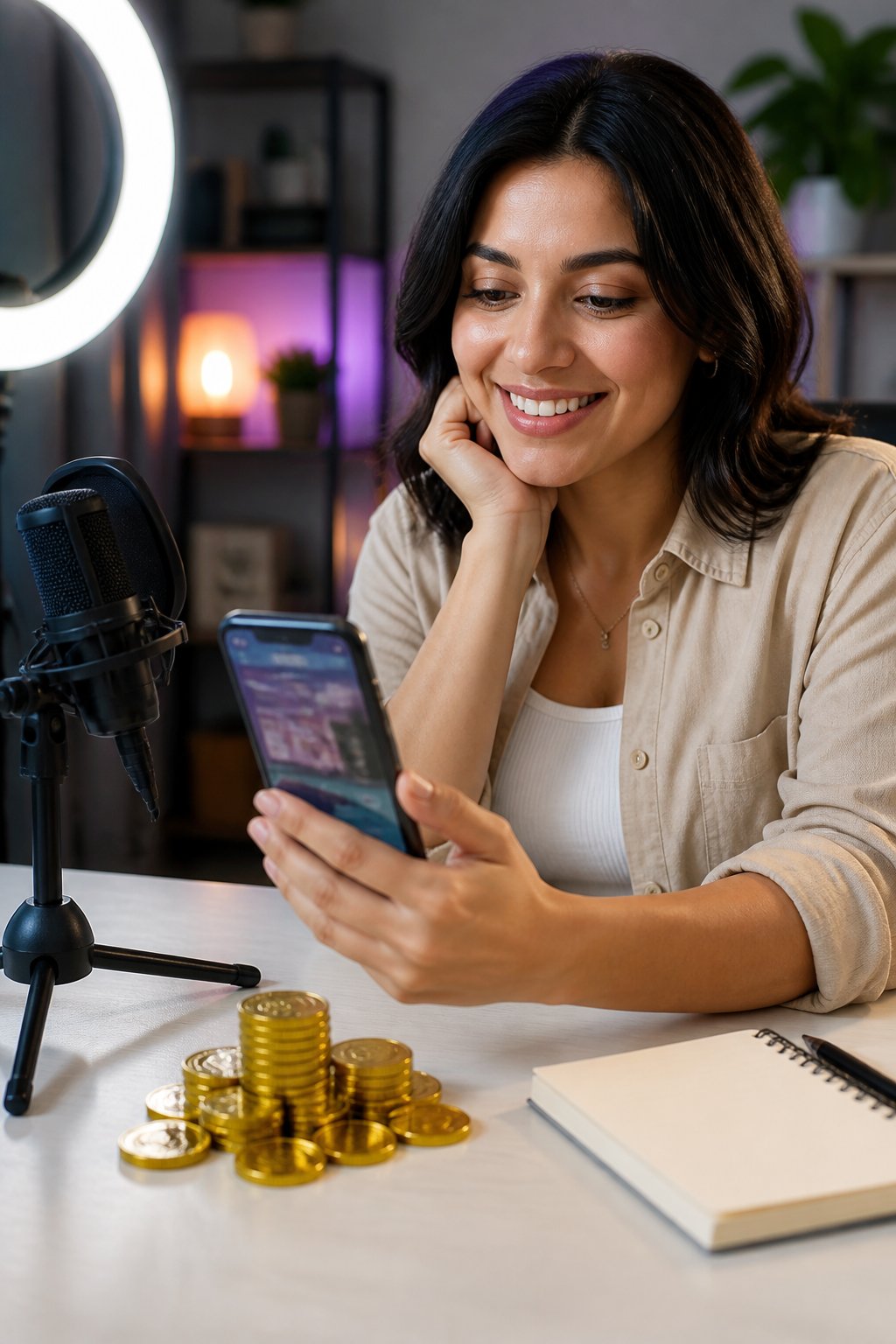 A content creator reviews a smartphone beside gold coins and streaming equipment at a desk.