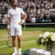 A professional tennis player stands on a tournament court beside a table with generic prize money items.