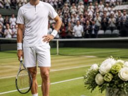 A professional tennis player stands on a tournament court beside a table with generic prize money items.