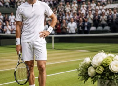 A professional tennis player stands on a tournament court beside a table with generic prize money items.