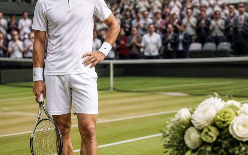 A professional tennis player stands on a tournament court beside a table with generic prize money items.