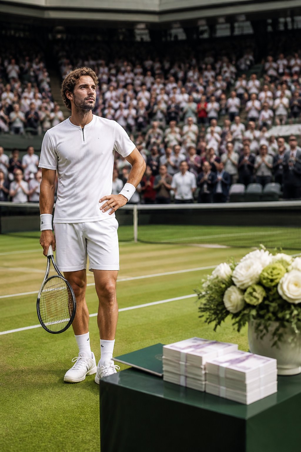 A professional tennis player stands on a tournament court beside a table with generic prize money items.