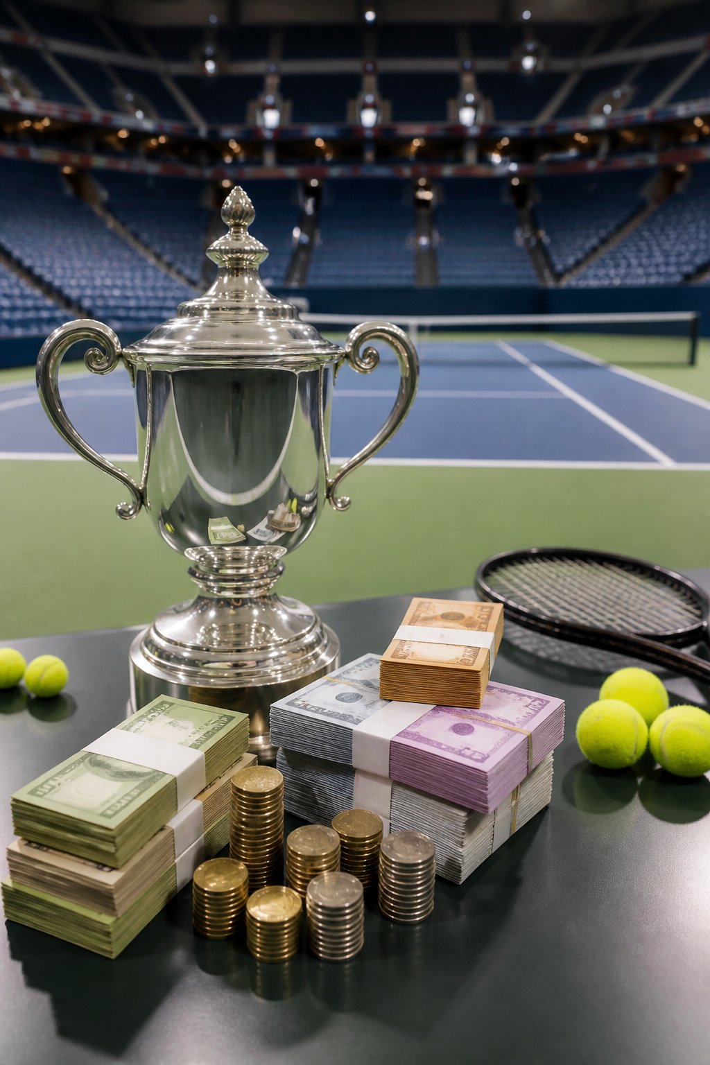 A tennis trophy beside stacks of money and tennis equipment at a professional tournament venue.