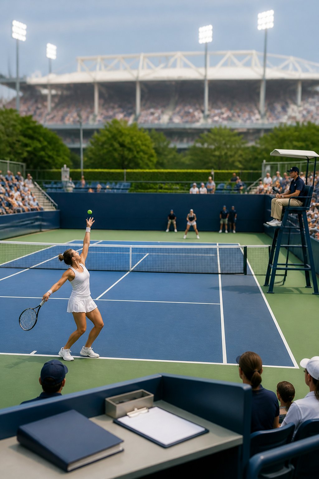 A professional tennis player competes on a compact tournament court while a larger stadium appears in the background.