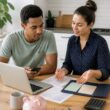 A young adult reviews financial resources with a supportive advisor at a kitchen table.
