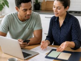 A young adult reviews financial resources with a supportive advisor at a kitchen table.