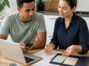 A young adult reviews financial resources with a supportive advisor at a kitchen table.