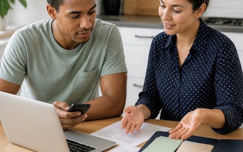 A young adult reviews financial resources with a supportive advisor at a kitchen table.