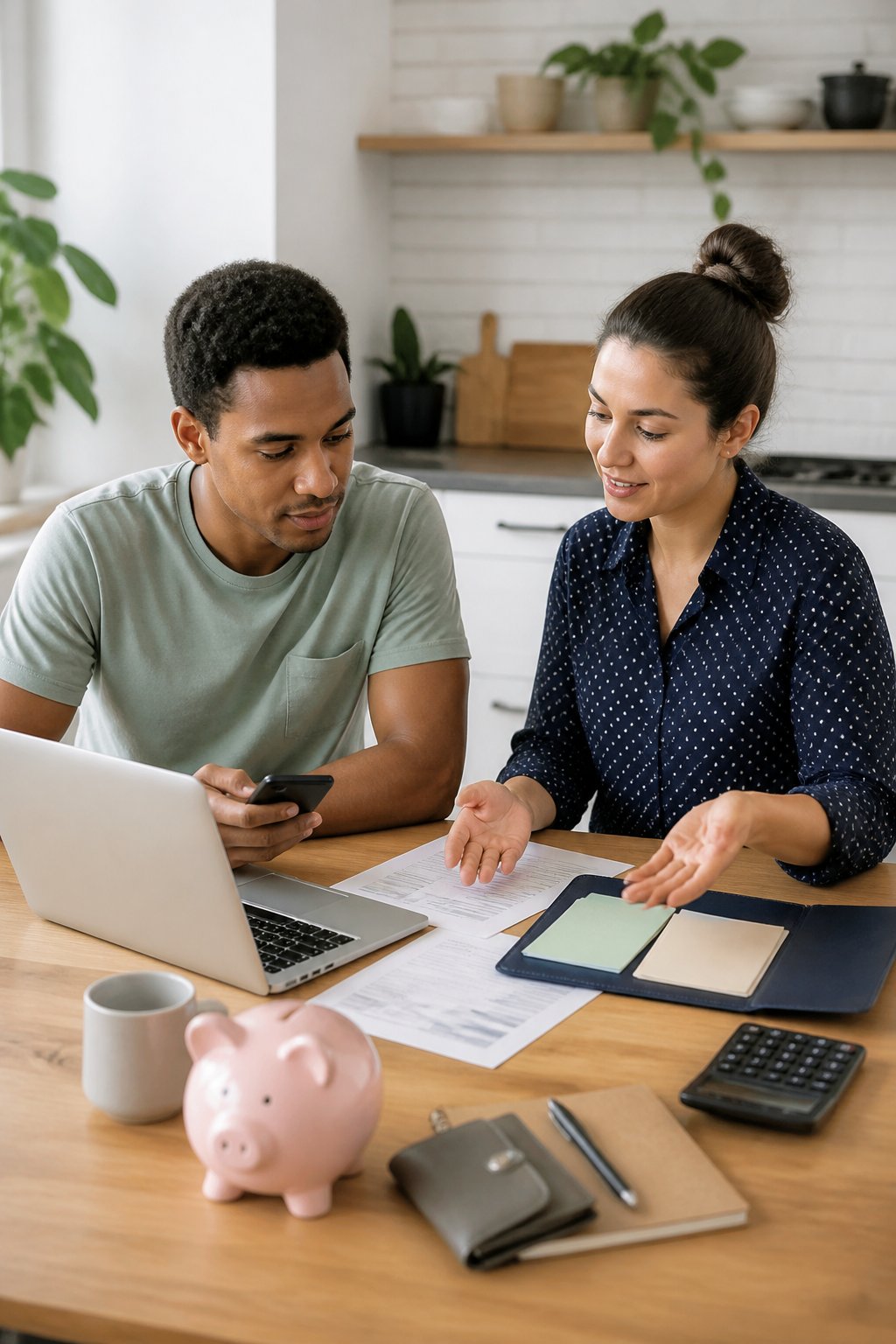 A young adult reviews financial resources with a supportive advisor at a kitchen table.