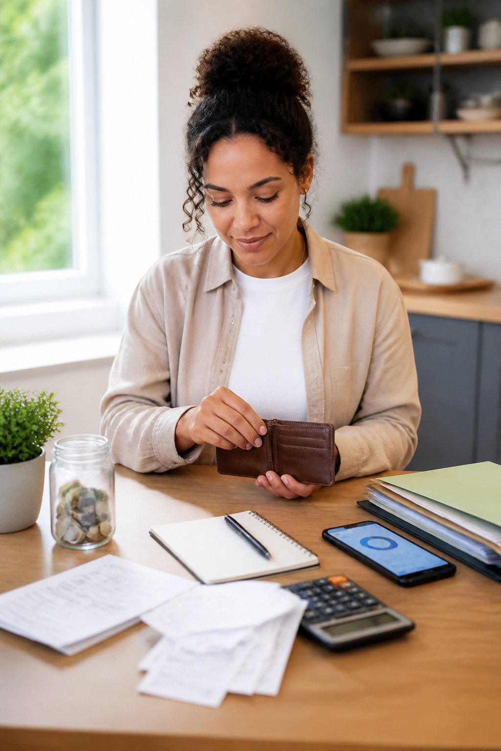 A person reviews a wallet, bills, receipts, and savings jar at a table beside a smartphone and calculator.