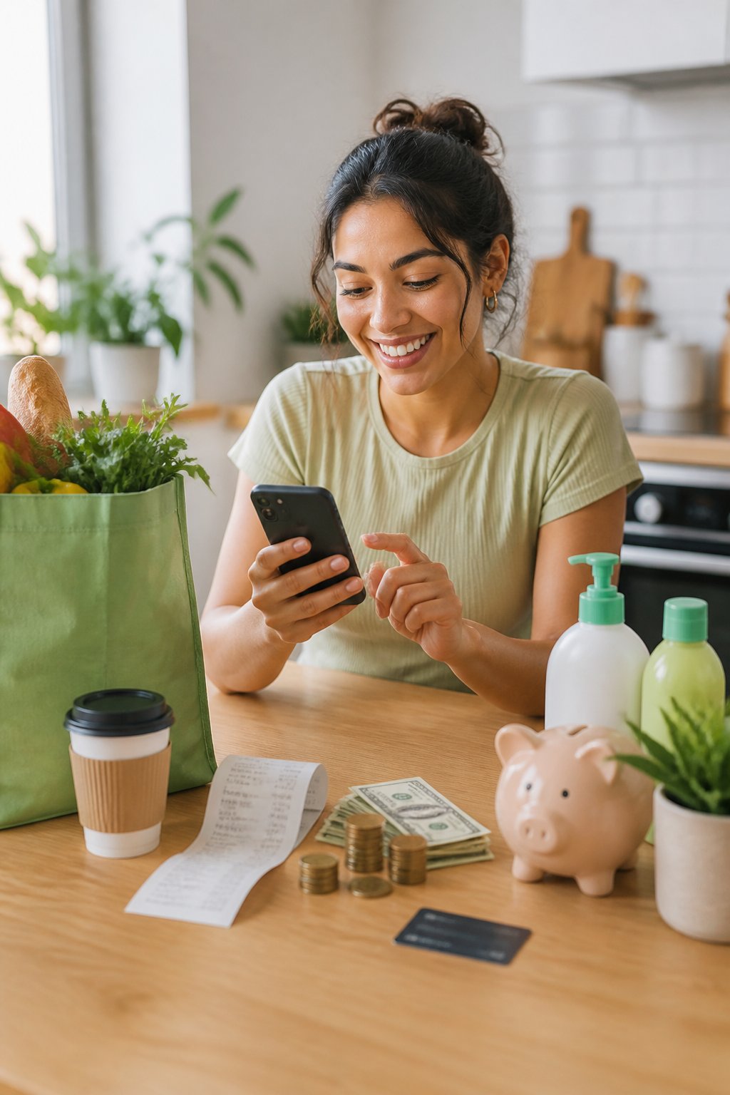 A person uses a smartphone beside everyday shopping items, a receipt, coins, and a small piggy bank.