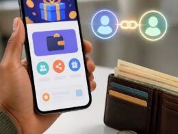 A smartphone with a generic rewards interface beside an open wallet containing cash and coins, with two connected user icons suggesting referrals.