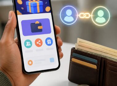 A smartphone with a generic rewards interface beside an open wallet containing cash and coins, with two connected user icons suggesting referrals.