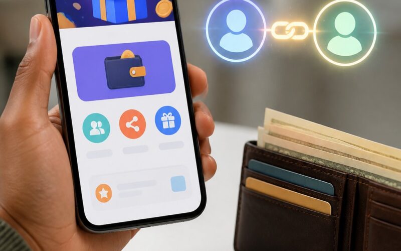 A smartphone with a generic rewards interface beside an open wallet containing cash and coins, with two connected user icons suggesting referrals.