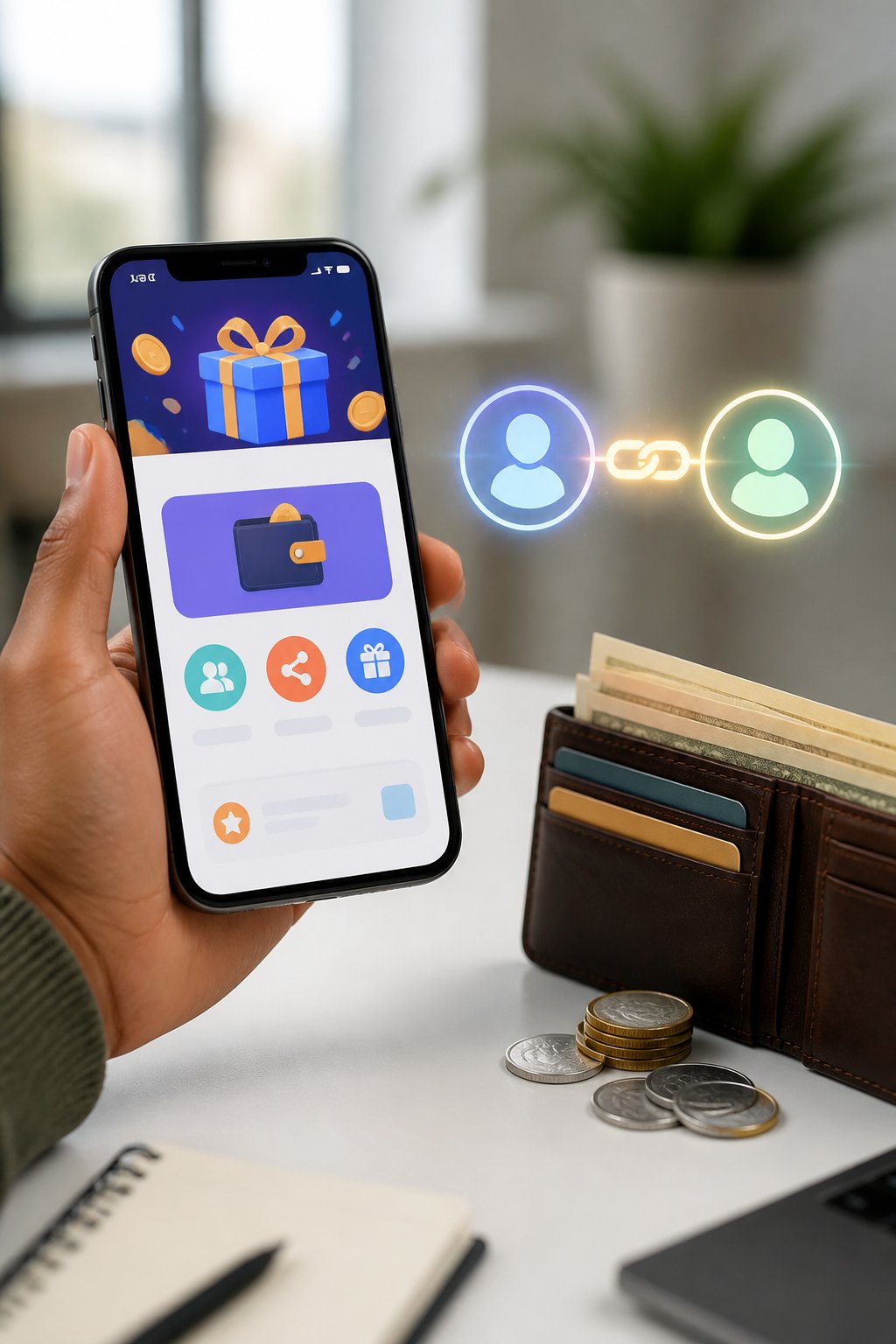 A smartphone with a generic rewards interface beside an open wallet containing cash and coins, with two connected user icons suggesting referrals.