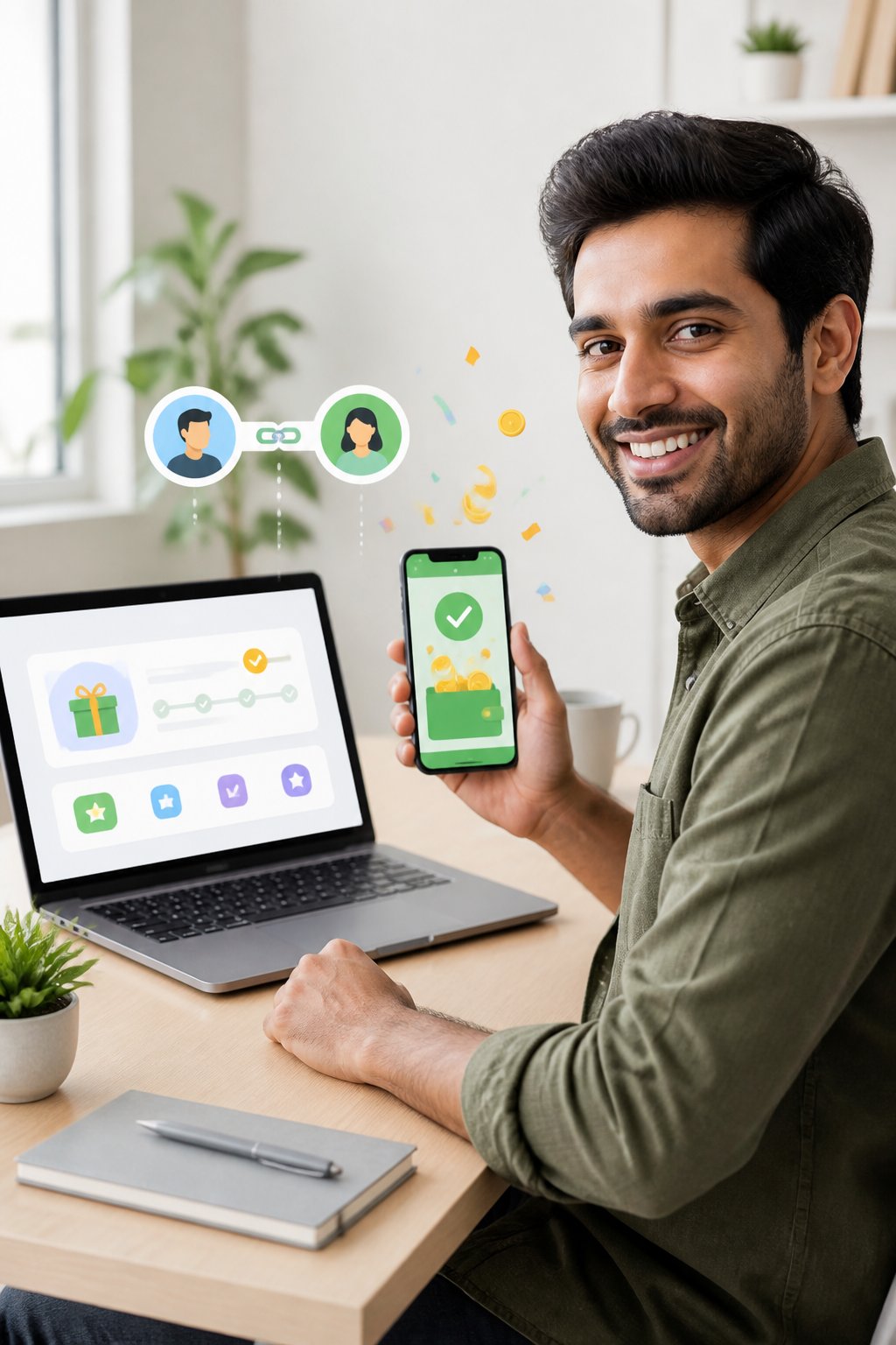 A person uses a laptop and smartphone to redeem a digital referral reward.