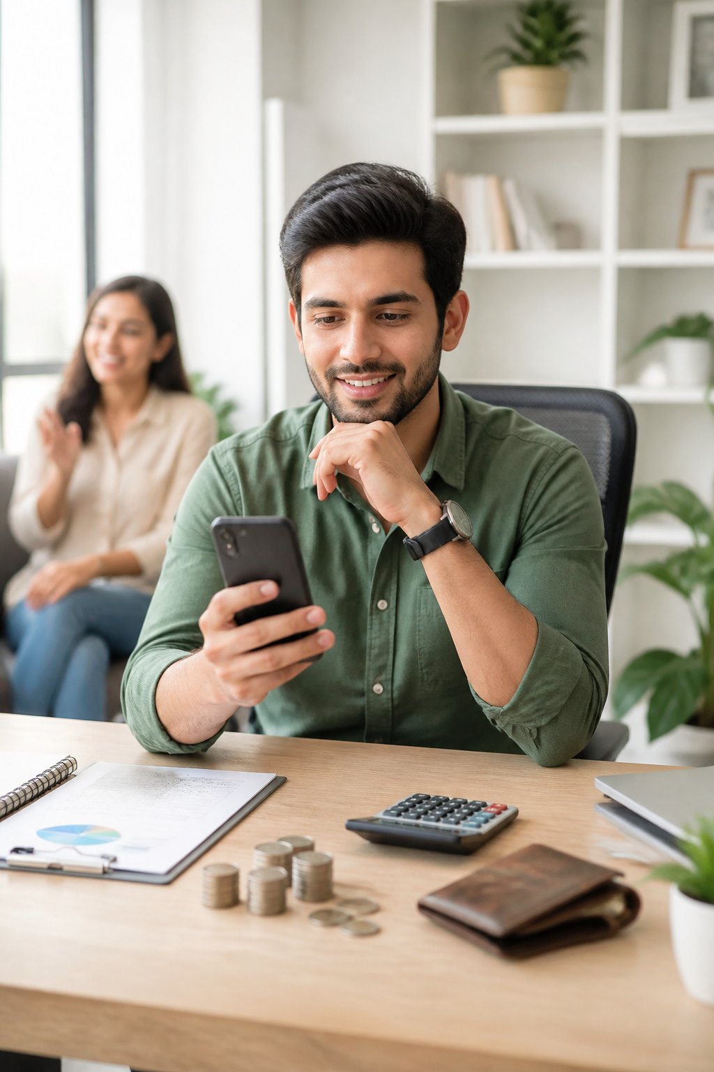 A person reviews a referral reward opportunity on a smartphone at a desk with a calculator, coins, and a wallet.