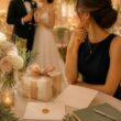 A guest thoughtfully considers a wedding gift at an elegant reception while a newlywed couple celebrates in the background.