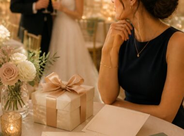 A guest thoughtfully considers a wedding gift at an elegant reception while a newlywed couple celebrates in the background.