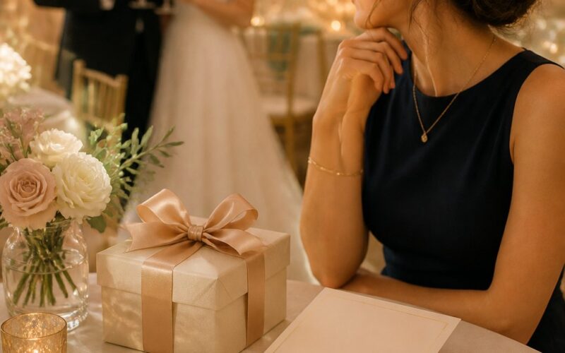 A guest thoughtfully considers a wedding gift at an elegant reception while a newlywed couple celebrates in the background.