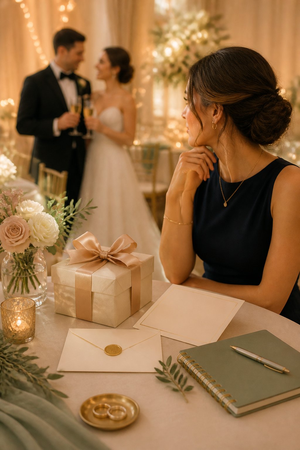 A guest thoughtfully considers a wedding gift at an elegant reception while a newlywed couple celebrates in the background.