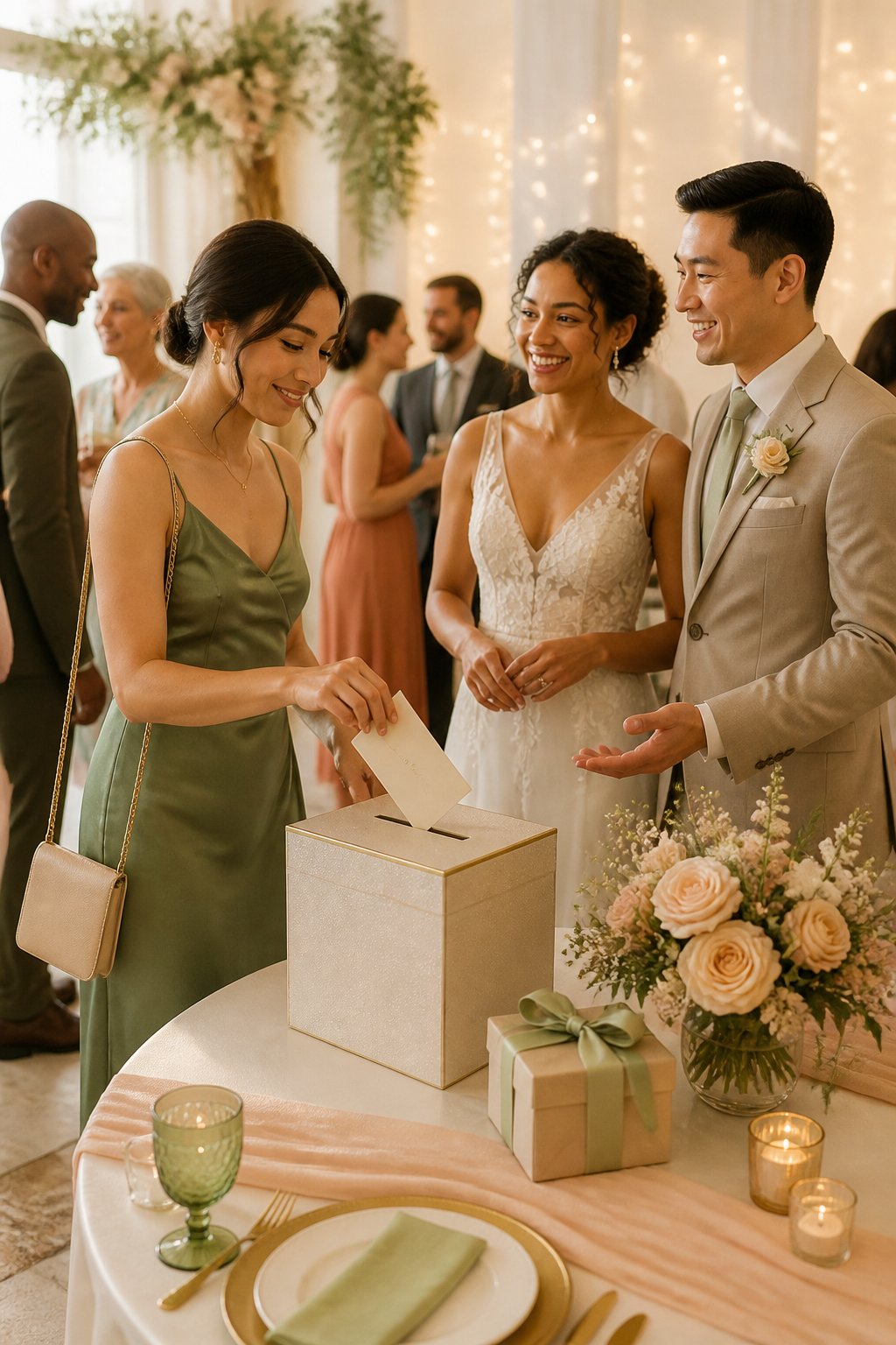A wedding guest places a gift envelope into a card box while the newlywed couple welcomes guests at a reception.