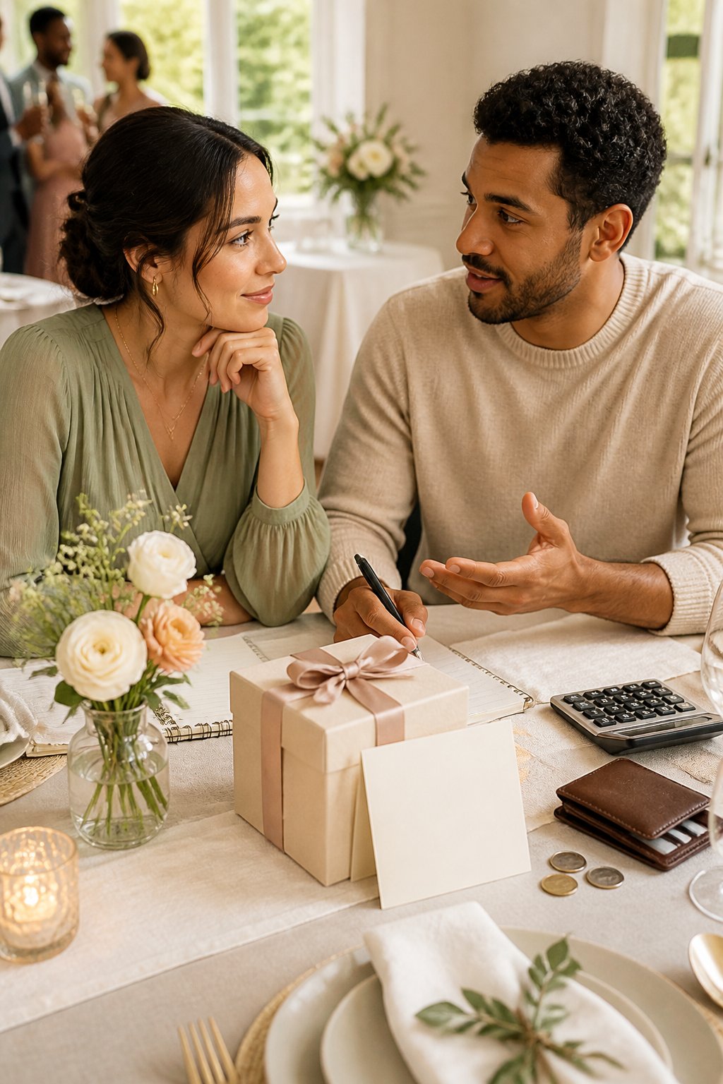 Two people discuss a wedding gift beside a decorated table with a gift box, flowers, wallet, and calculator.